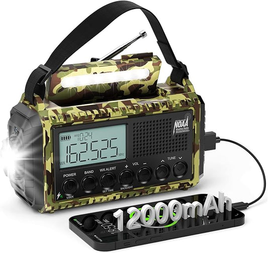 Emergency Weather Radio,12000mAh/44400mWh Solar Hand Crank AUTO NOAA Alert/AM/FM/SW Shortwave Radio with Type-C Charger, Battery Operated Radio,Reading Lamp, SOS & Flashlight for Emergencies