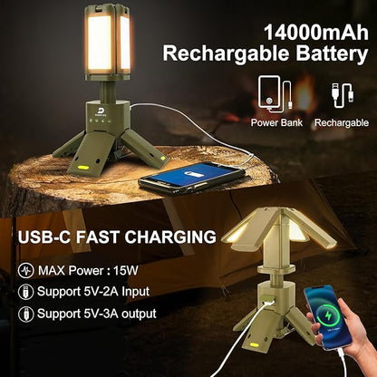 DUSKTEC 2000LM Camping Lantern, Portable IPX7 Waterproof Camping Lamp Rechargeable with 14000mAh, Magnetic Base & Telescopic Light Quadpod, 270° Rotating Blades, 3 Color Dimming for Emergency, Hiking