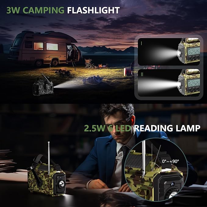 Emergency Weather Radio,12000mAh/44400mWh Solar Hand Crank AUTO NOAA Alert/AM/FM/SW Shortwave Radio with Type-C Charger, Battery Operated Radio,Reading Lamp, SOS & Flashlight for Emergencies