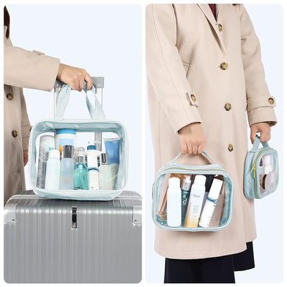 PACKISM Clear Toiletry Bags - 3 Pack Makeup Bags with Handle, Large Opening, Waterproof Cosmetic Bags for Travel Essentials, Grayish Blue