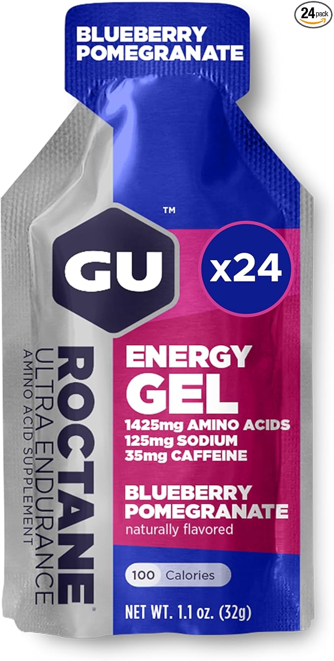 GU Energy Roctane Ultra Endurance Energy Gel, Vegan, Gluten-Free, Kosher, and Dairy-Free On-The-Go Sports Nutrition for Running, Biking, Hiking or Skiing, Blueberry Pomegranate, 24-Count