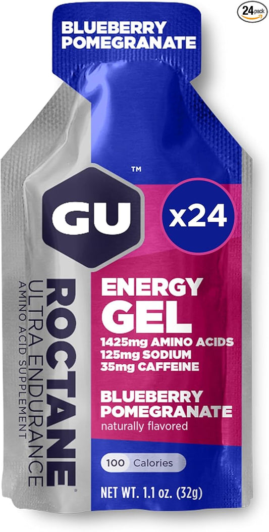 GU Energy Roctane Ultra Endurance Energy Gel, Vegan, Gluten-Free, Kosher, and Dairy-Free On-The-Go Sports Nutrition for Running, Biking, Hiking or Skiing, Blueberry Pomegranate, 24-Count