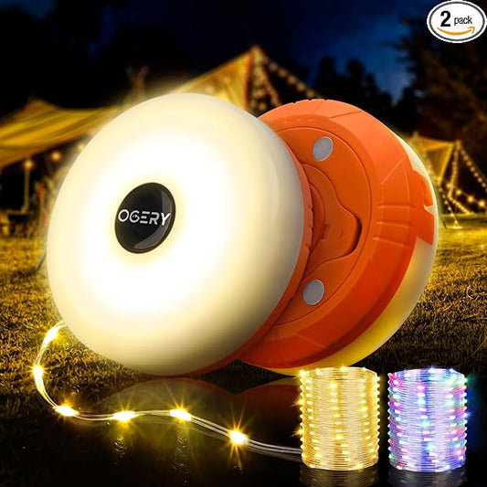 OGERY 2-Pack Camping String Lights, 2 in 1 Quick Storage 32.8FT Rechargeable Tent Lights String with 8 Lighting Modes, Hanging Waterproof Portable LED Lamp for Christmas Decor Party Bedroom Yard