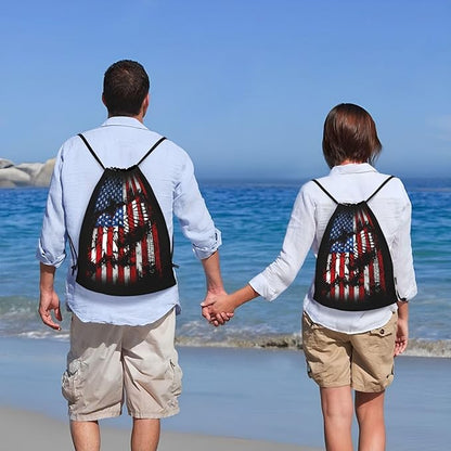 Eagle Outline Drawstring Backpack American Flag Gym Bag Patriotic Gift for Independence Day, Memorial Day, 4th of July Party Favor Goodies Storage