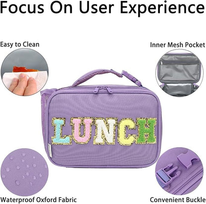 Insulated Lunch Box for School, Thermal Reusable Durable Freezable Lunch Bags for Kids Boys Girls Men Women - Small Soft Cooler Portable Lunch Tote Kit for Work Picnic Travel,Purple Alphabet
