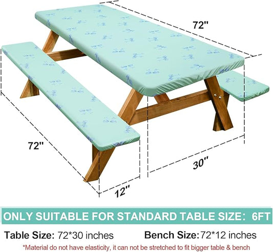 Picnic Table Cover with Bench Covers Camping Essentials Waterproof Windproof Camping Tablecloth with Drawstring Bag, Fitted Rectangle Tables and Seats, 72in, Blue Bow
