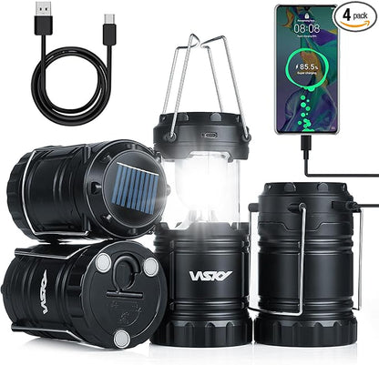 Wsky Solar Camping Lantern 4-Pack - Rechargeable LED Lights, Magnetic Base & Foldable Hanging Hook- Collapsible Lamp Battery Powered Perfect for Power Outages, Hiking, Campsites, Emergencies