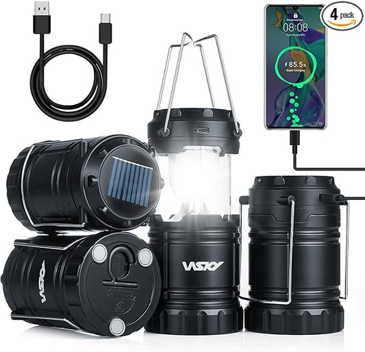 Wsky Solar Camping Lantern 4-Pack - Rechargeable LED Lights, Magnetic Base & Foldable Hanging Hook- Collapsible Lamp Battery Powered Perfect for Power Outages, Hiking, Campsites, Emergencies