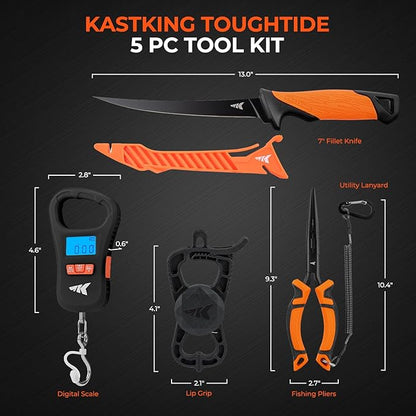 KastKing ToughTide Fishing Tool Kit, Rechargeable Digital Fish Scale with Lip Grip & Tape Measure, 7” Fillet Knife with Sheath & Sharpener, 8” Split Ring Fishing Pliers