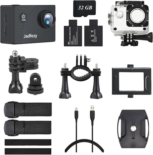 Action Camera FHD 1080P with 32GB Card, 98FT/30M Underwater Waterproof Camera with 2 Rechargeable Batteries, Wide Angle Sports Camera with Accessories Kit Suitable for Helmet, Bicycle, etc.