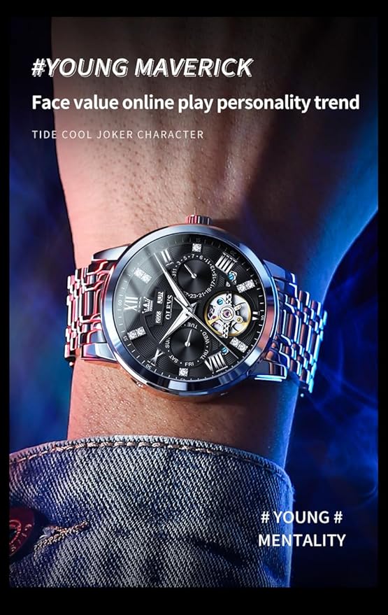 OLEVS Mens Automatic Watches Gold Luxury Diamond Dress Self Winding Mechanical Skeleton Tourbillon Stainless Steel Wrist Watch