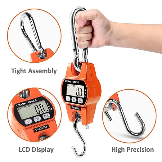 Digital Hanging Scale 660 Lb 300 Kg Hanging Digital Scale, Handheld Mini Crane Scale with Hooks for Farm Hunting Fishing Outdoor