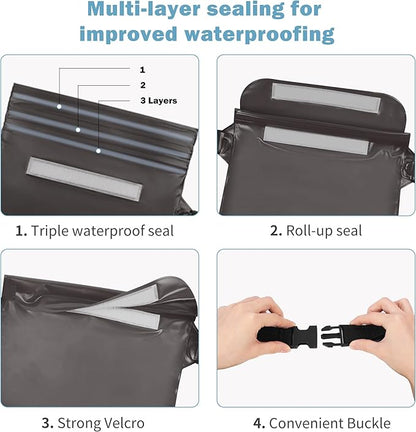 2-Pack Waterproof Pouch with Adjustable Waist Strap, Waterproof Dry Bag, Keeps Cell Phones and Valuables Safe and Dry, Perfect for Kayaking, Beach, Camping and Swimming (Black)