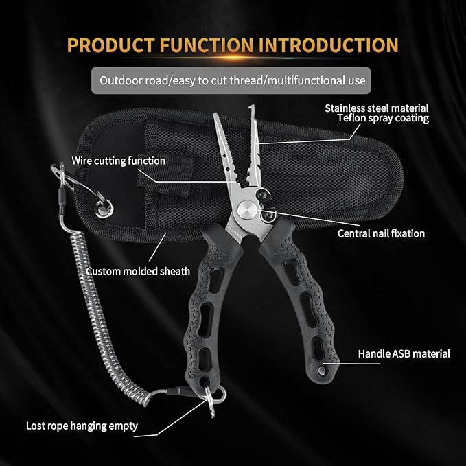 OH MY WOW Fishing Tool Kit 7 Piece Pliers, Fillet Knife, Hook Remover, Split Ring Plier, Lip Gripper, Scissors and Retractor for Saltwater and Freshwater