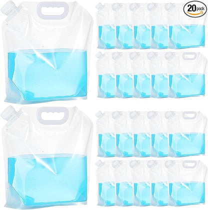 Zubebe 20 Pcs x 1.3 Gallon Collapsible Water Emergency Container Bag 26 Gallon Freezable BPA Free Food Grade Clear Plastic Storage Foldable Bottle for Camping Riding