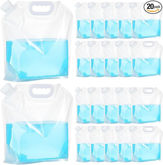 Zubebe 20 Pcs x 1.3 Gallon Collapsible Water Emergency Container Bag 26 Gallon Freezable BPA Free Food Grade Clear Plastic Storage Foldable Bottle for Camping Riding