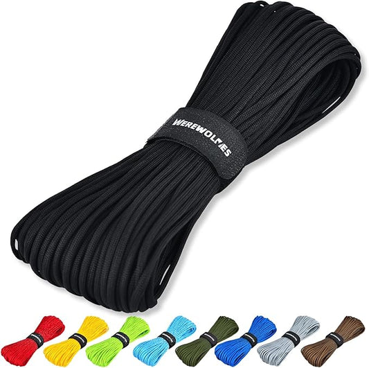 WEREWOLVES Paracord Rope, 7 Strand Type III Parachute Cord 4mm 100ft / 200ft for Crafting, DIY Projects, Survival Bracelets (Black, 200 ft)