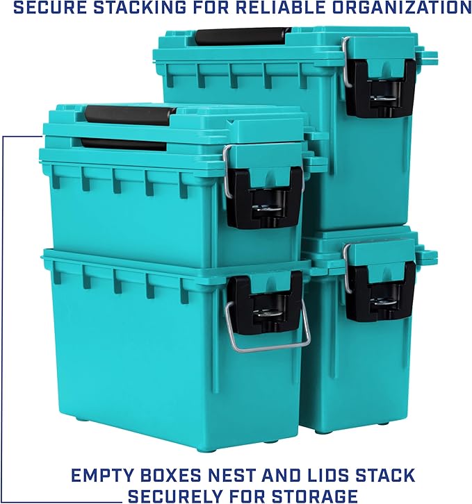 Sheffield 12633 Ammo Storage Box, Stackable .30 Cal Field Boxes, Water and Dust Resistant, Lockable Storage Box with Handle, Secures Hunting Gear, Supplies, and Bullets, Made in USA, Teal, 1-Pack
