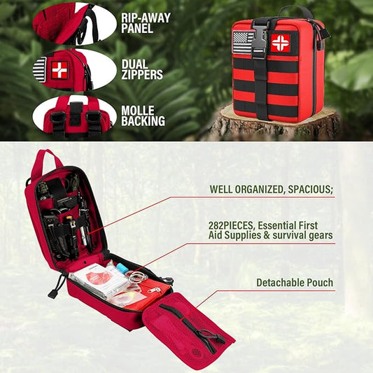 Emergency First Aid Kit - 282 Piece Premium Survival Gear Essentials Supplies for Car, Trucks, Hiking, Travel, Camping, Boating and Adventures, Waterproof Compact Molle Pouch Survival Kit