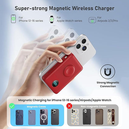 Magnetic Portable Charger for iPhone with Built-in Cables, 6-in-1 10800mAh Power Bank with iWatch Charger & LCD Display,25W Fast Charging Battery Pack for iPhone 16/15/14/13/12,Apple Watch (Red)