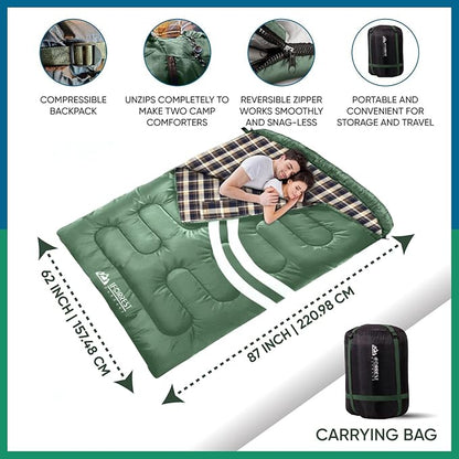 IFORREST Cotton Flannel Double Sleeping Bag for Adults - 2-Person 10°F Cold Weather Camping Bed - Extra-Wide & Warm Queen-Size XXL