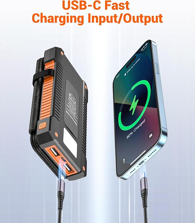 Solar Power Bank 38800mAh with 4 Solar Panels, Portable Charger USB C 18W Fast Charge for iPhone Samsung, IP67 Waterproof Outdoor External Battery Pack with Flashlight Light/SOS/Strobe