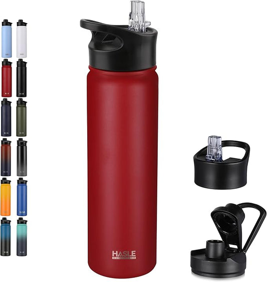 HASLE OUTFITTERS Insulated Water Bottle 22 oz Double Wall Stainless Steel Water Bottle Wide Mouth with Straw Lid & Spout Lid Keeps Cold or Hot(Red,1)