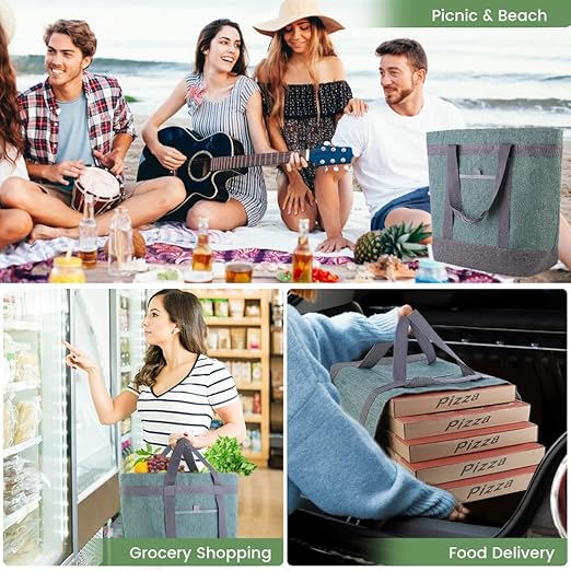 Insulated Reusable Tote Bag for Grocery Shopping for Women/Men, Waterproof Cooler Bags for Travel/Beach/Picnic, Pizza/Food Delivery Bag to Keep Food Cold/Hot for Doordash (Oxford Cloth, Green)