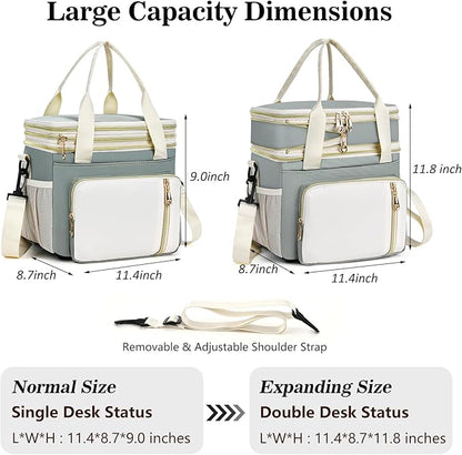Lunch Box & Lunch Bag for Women Men, Large Insulated Adult Lunch Box Leakproof Lunchbox Cooler Bag for Work Picnic Beach,16L, Olive Green & White