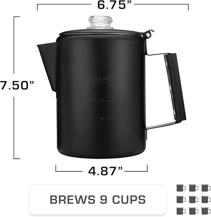 COLETTI Black Bozeman Percolator Coffee Pot — Camping Coffee Pot, Coffee Percolator – America’s Sleekest Percolator – Pure Stainless Steel, NO Aluminum or Plastic (9 Cup)