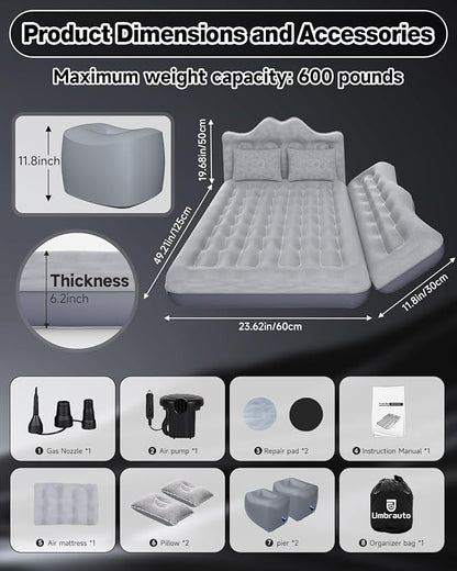 Umbrauto Truck Air Mattress Back Seat| Inflatable Car Camping Mattress Bed for Back Seat, SUV Blow Up Rear Seat Sleeping AirBed for Van Travel with Pump & Pillows
