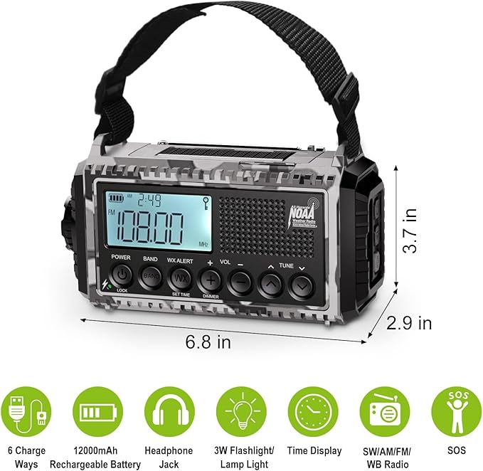 Raynic Solar Radio, 12000mAh/44400mWh Battery Operated Weather Radio, Hand Crank Emergency Radio with AM/FM/SW/NOAA Alert, Cell Phone Charger, Type-C Charging, Flashlight and SOS Siren