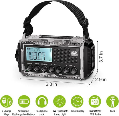 Raynic Solar Radio, 12000mAh/44400mWh Battery Operated Weather Radio, Hand Crank Emergency Radio with AM/FM/SW/NOAA Alert, Cell Phone Charger, Type-C Charging, Flashlight and SOS Siren