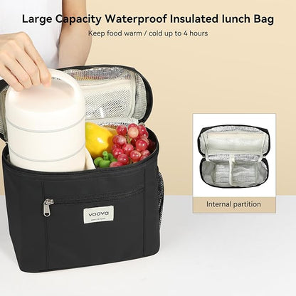 Voova Stackable Stainless Steel Thermal Lunch Box with Lunch Bag and Cultery Set for Adult Women Men, 3 Tier Leakproof All-in-One Insulated Bento Boxes Food Container for Work, Black