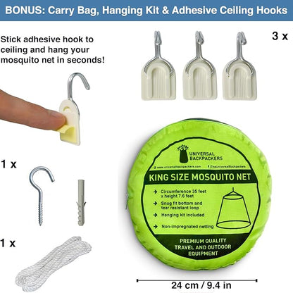 Mosquito Net for Single to King-Sized Beds – Fully-Enclosed Bed Canopy for Travel or Decoration – Free Bag, Hanging Kit & Adhesive Ceiling Hooks for Easy Setup