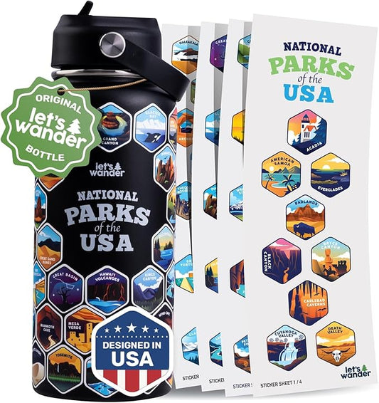 LET'S WANDER Original Lets Wander National Parks Water Bottle with 63 Waterproof Stickers - 32oz Leakproof Insulated Stainless Steel with Straw - USA Hiker Gift Bottle (Black)