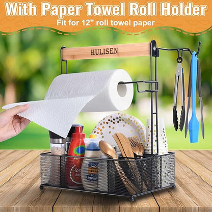 HULISEN Grill Caddy for Outdoor Grill, BBQ Caddy with Paper Towel Holder for Plates, Silverware, Utensils - Picnic & Barbeque & Camping Essentials Accessories for Tailgating, Camper, RV, Backyard