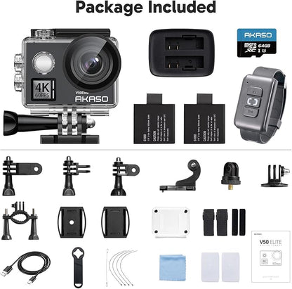 AKASO V50 Elite 4K60fps Touch Screen WiFi Action Camera Voice Control EIS 131 feet Waterproof Camera 8X Zoom Remote Control (with 64GB MicroSD Card)