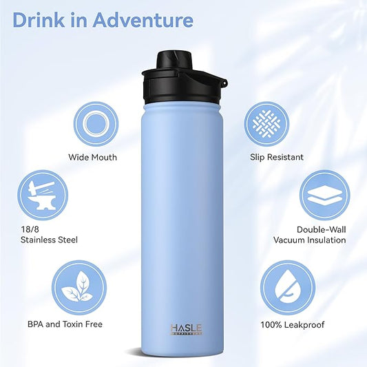 HASLE OUTFITTERS Insulated Water Bottle 22 oz Double Wall Stainless Steel Water Bottle Wide Mouth with Straw Lid & Spout Lid Keeps Cold or Hot(Blue,8)