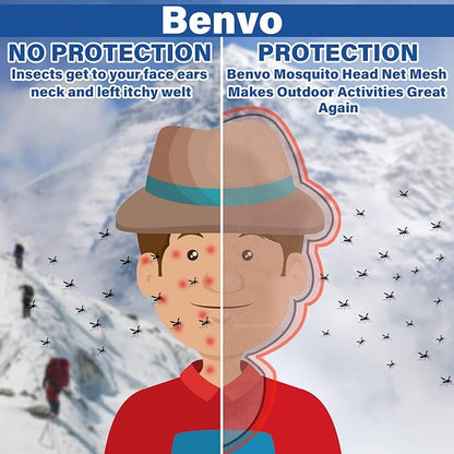 Benvo Mosquito Head Net Mesh One Piece Face Neck Fly Netting Cover from Bugs Gnats Noseeums Hat-Compatible Insect Shield for Fishing, Camping, Gardening (2pcs, Grey, Upgraded Big Net)