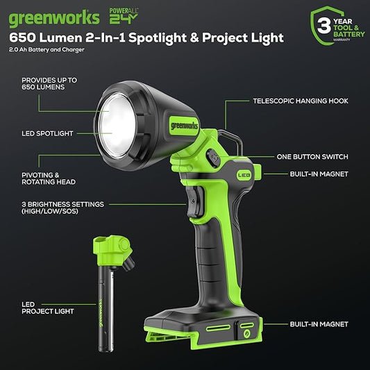 Greenworks 24V 2-in-1 Magnetic Work Light, 650 Lumens LED Spotlight and Project Light Tube, Pivoting Head, 3 Mode, SOS Function, with 2Ah Battery and Charger