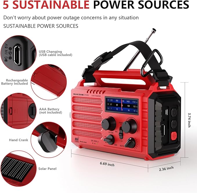 Emergency Solar Hand Crank Radio, AM/FM/SW NOAA Weather Alert Radio, Flashlight, Reading Lamp, SOS Alarm for Survival Home Outdoor Hurricane