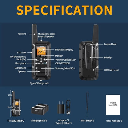 G2pro+ Heavy Duty Walkie Talkies for Adults，Rechargeable Long Range Two Way Radios 2 watts ，NOAA Weather，FM Radio，IP67 Waterproof，VOX ，Double PTT，Li-ion Battery (2 Pack - Black)