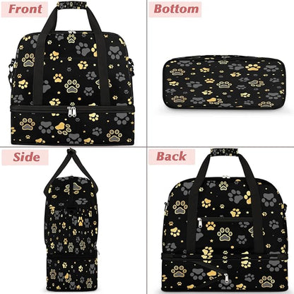 Dog Paw Print Foldable Travel Duffel Bag, Expandable Sports Gym Bag with Shoes Compartment Weekender Overnight Totes Bags for Women Men