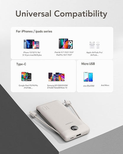 VEGER Portable Charger with Built-in AC Plug and Cables, All in One 10000mAh Ultra-Slim Power Bank, 15W Fast Charging for iPhone, Samsung, Android, Travel Essential (Coffee)