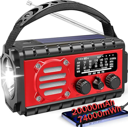 20000mah Emergency Radio, SW/NOAA/AM/FM Weather Radio, Solar Powered Hand Crank Charger with Big Battery Powered, Portable, Cellphone Charge, SOS, Flashlight for Emergency/Home
