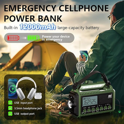 Emergency Weather Radio 12000mAh - Solar Hand Crank NOAA Weather Alert Radio with AM/FM/SW, Rechargeable Battery Charger, Flashlight, Reading Lamp & SOS Alarm, Portable Radio for Emergencies & Outdoor