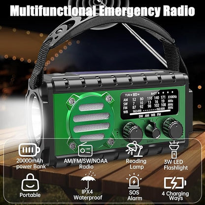 20000mah Emergency Radio, SW/NOAA/AM/FM Weather Radio, Solar Powered Hand Crank Chager with Bige Batery Powered,Portable,Cellphone Charge,SOS,Flashlight for Emergency/Home