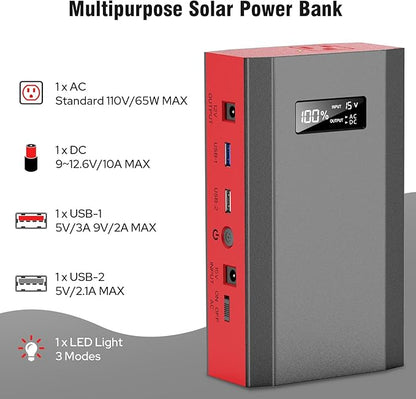 Portable Solar Power Bank with AC Outlet 65W 110V External Battery Pack, 24000mAh Portable Laptop Charger with Foldable Solar Panel 30W for Outdoor Smart Device Camping Hiking Trip Off Grid Backup