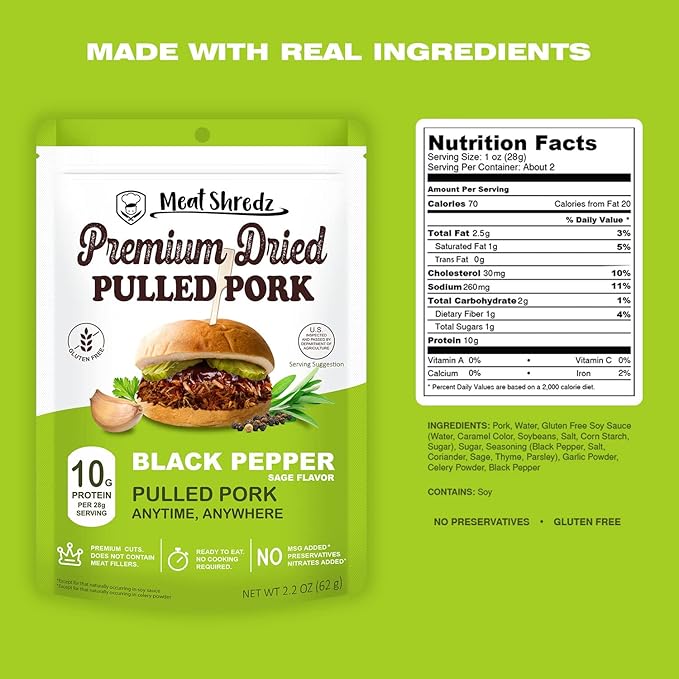 Meat Shredz - Premium Dried Pulled Pork (Black Pepper, 4 Pack) | Gluten Free | High Protein & Low Sugar | Bacon Bits | Dehydrated Backpacking & Camping Food | Shredded, Dried Jerky Chew Snack